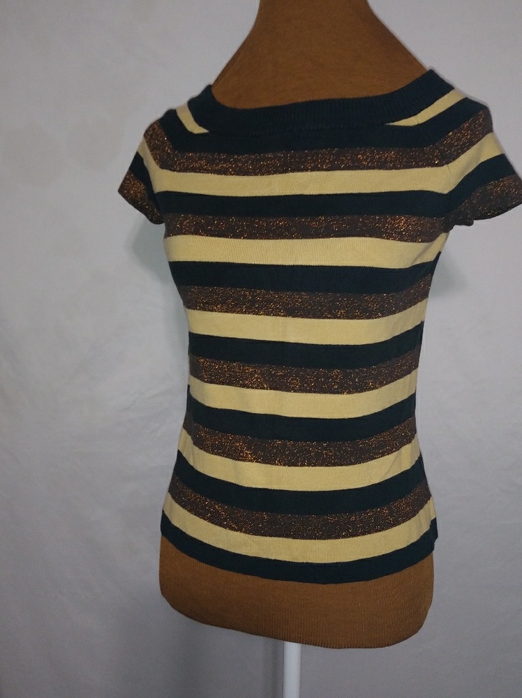Evie Black S Y2K Silk Capped Sleeve Copper n Butter Yellow Knit Sweater Top